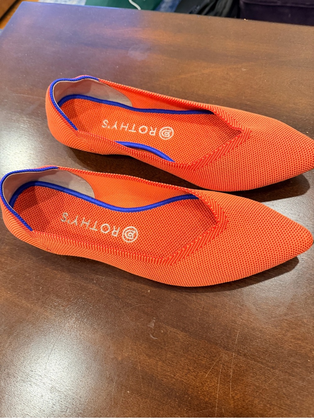 Rothy's Orange Pointed Knit Flats with Blue Trim - Picture 2 of 4